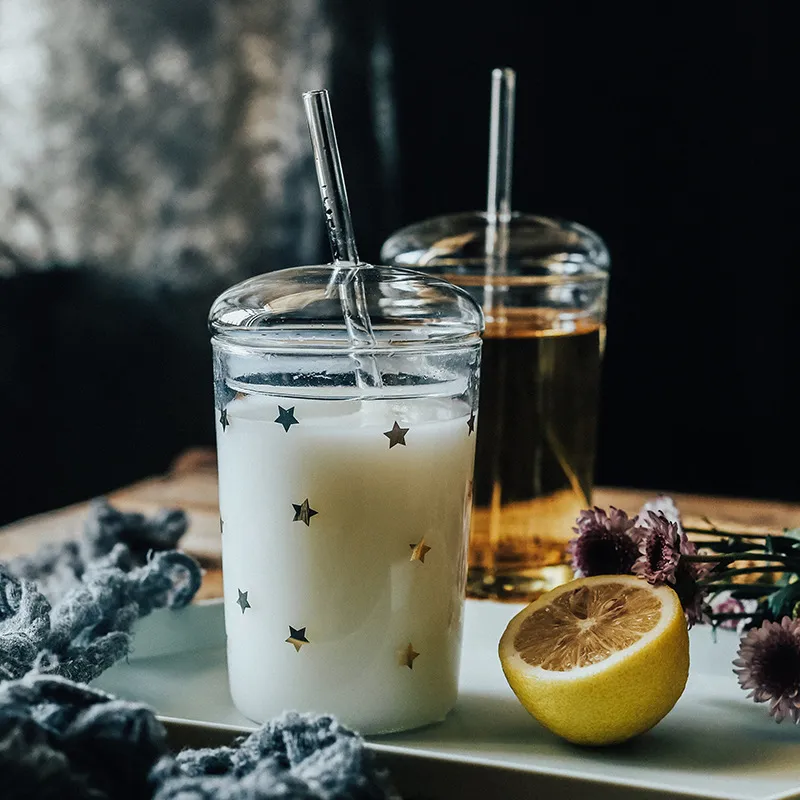 Vaso con Pajita de Vidrio de Borosilicato Estilo Ins Con Tapa Impresión Estrellas Oro Transparente Gran Capacidad Vaso para Jugo Casa