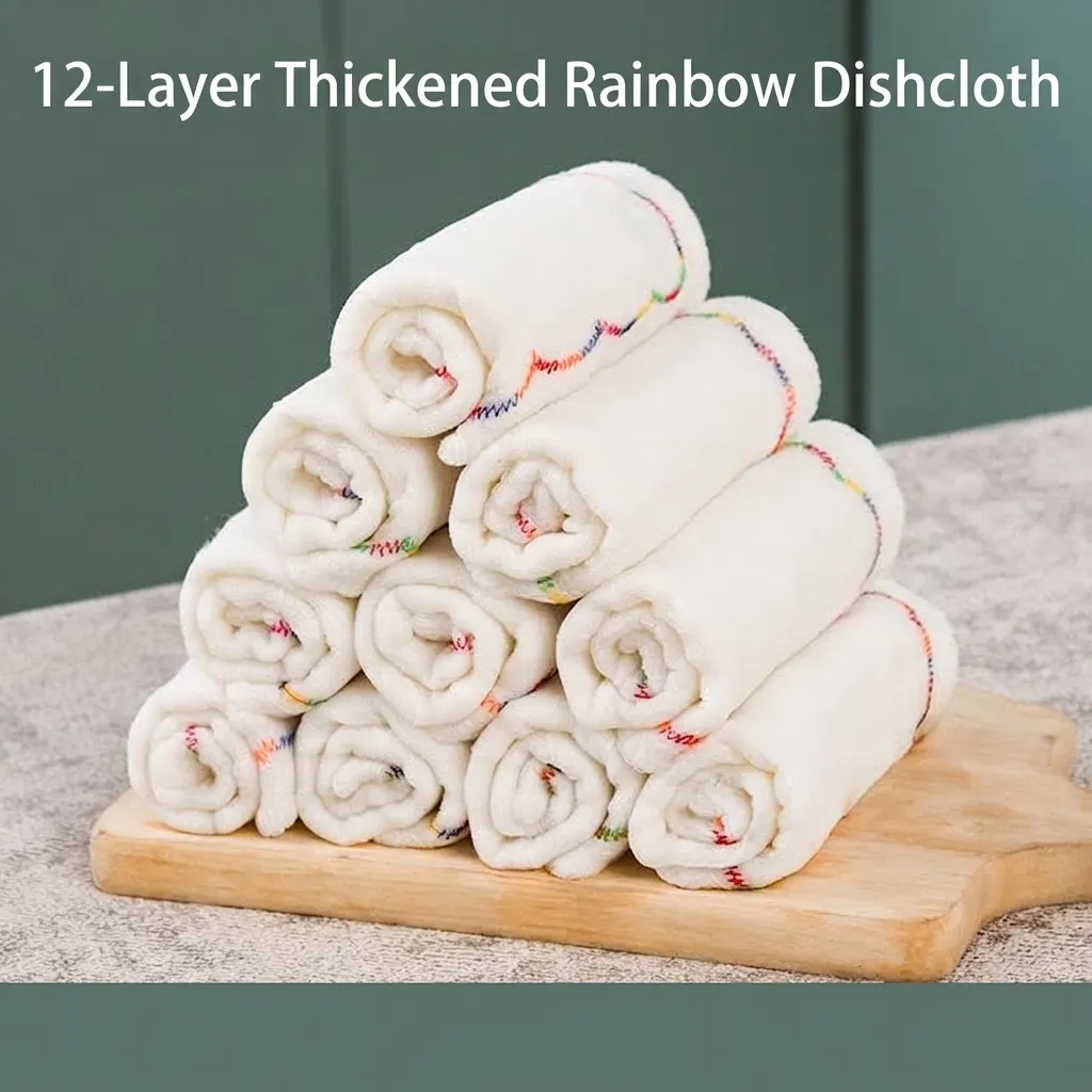 Paño de Limpieza de Cocina Oleofóbico con Borde de Arco Iris de Hilo de Algodón Engrosado de Capas Múltiples Altamente Absorbente sin Pelusa
