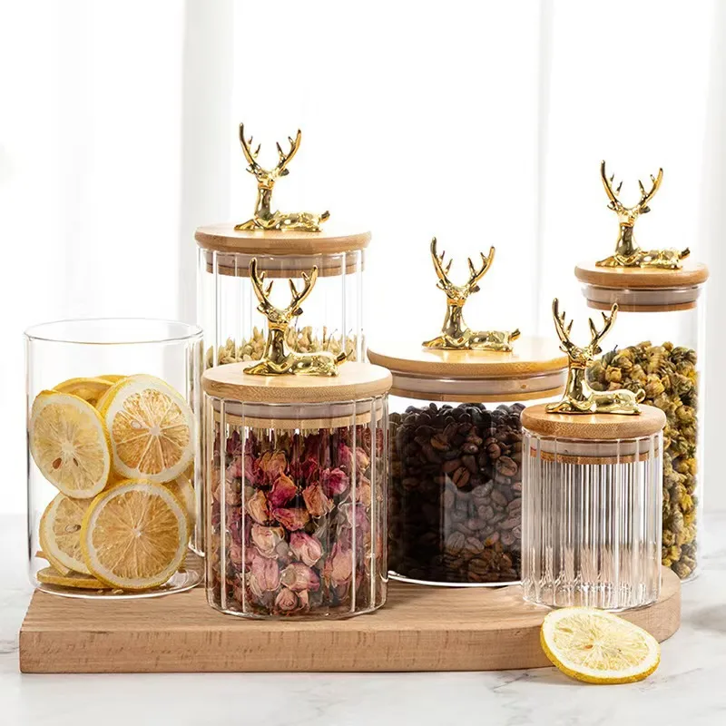 Modern Borosilicate Glass Food Storage Jar With Airtight Bamboo Lid Golden Elk Reindeer Decor Ribbed Sealed Canister For Kitchen Pantry