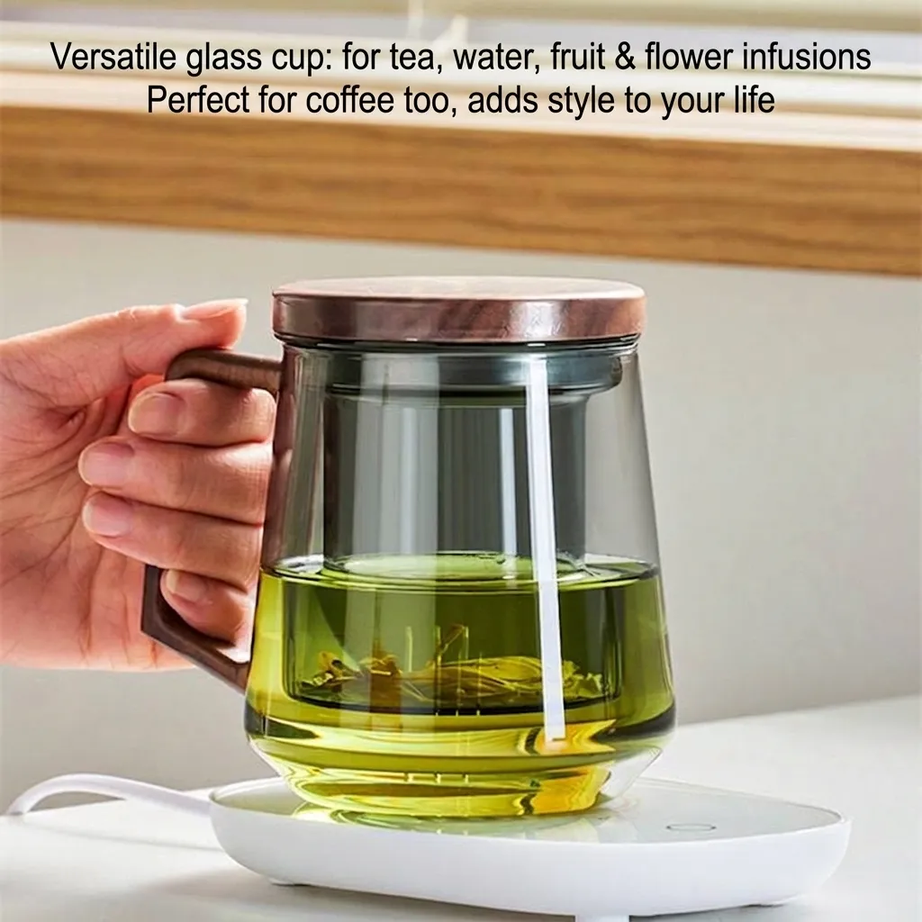 Borosilicate Glass Tea Cup With Walnut Wood Handle And Infuser Heat Resistant Glass Mug For Office Home Tea Water Separation