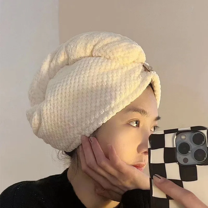 Thickened Coral Fleece Hair Drying Cap For Women Super Absorbent Fast Drying Microfiber Bath Towel Bear Button Wrap Head Towel