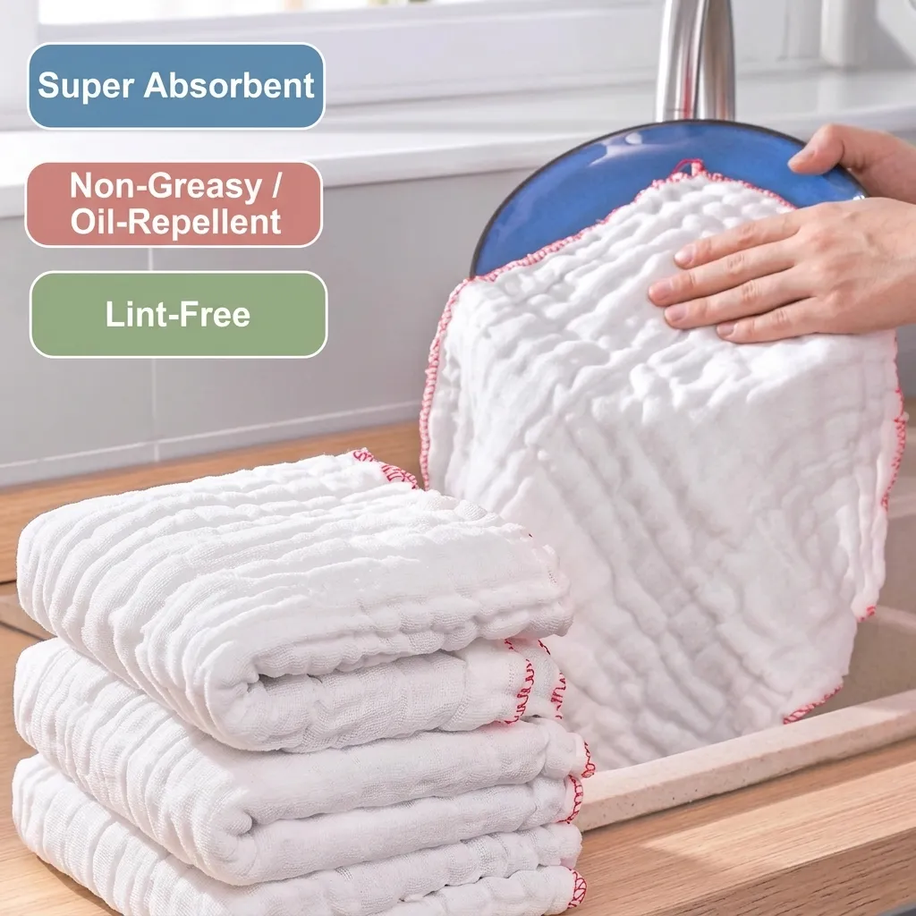 Multi-Layer Thickened Pure Cotton Gauze Dishcloth High Absorbency Lint Free Kitchen Cleaning Towel Washcloth Red Edge