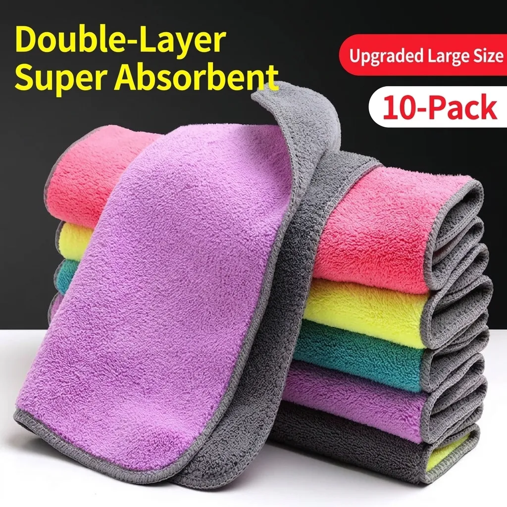 Microfiber Cleaning Cloth Dual Layer Thickened Absorbent Dishcloth Oil Removal Kitchen Towel Lint Free For Dishes Car Wash