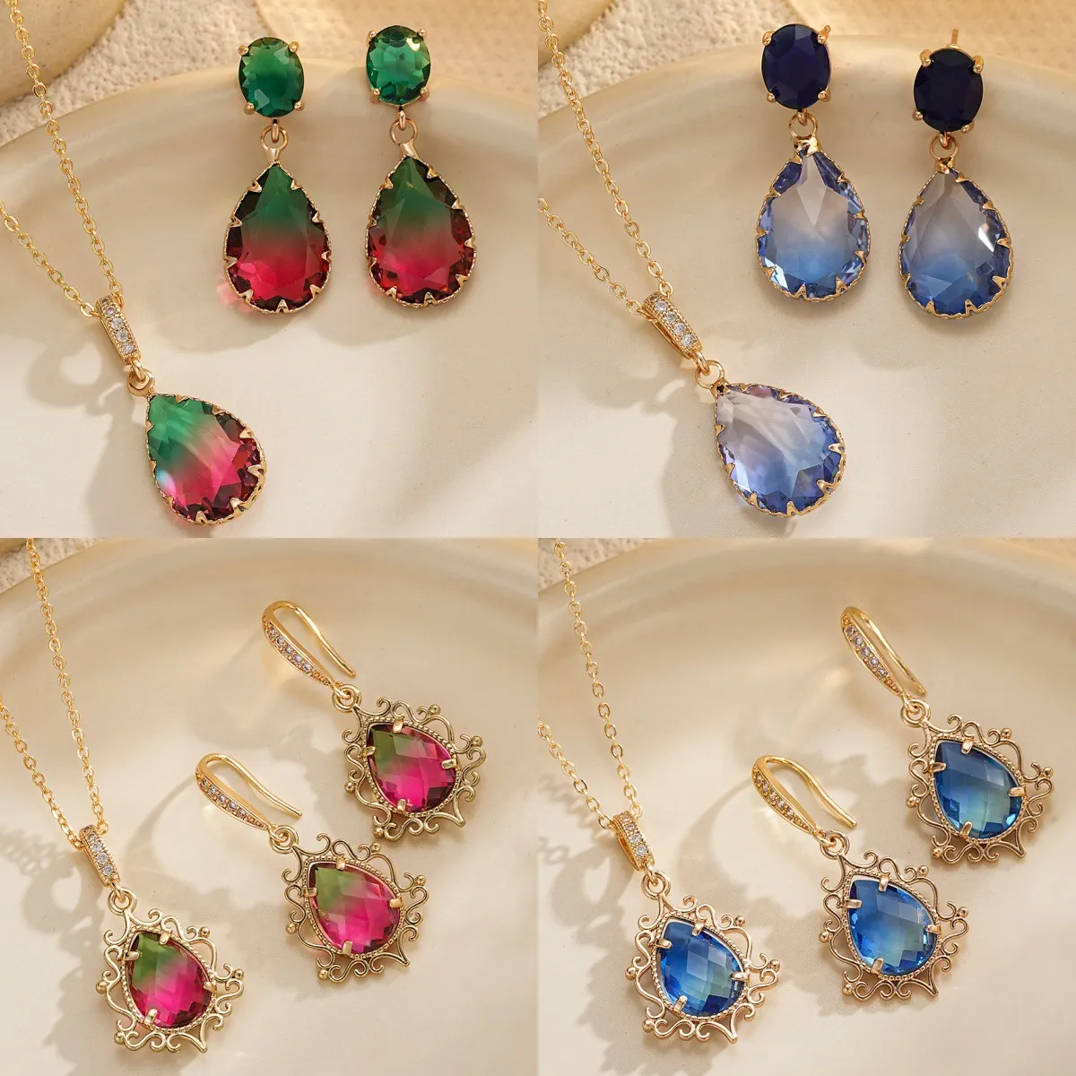 Juego de Joyas Vintage Circonia Gota de Agua Cristal Degradado Collar Pendientes Para Boda Banquete Joyas Mujer