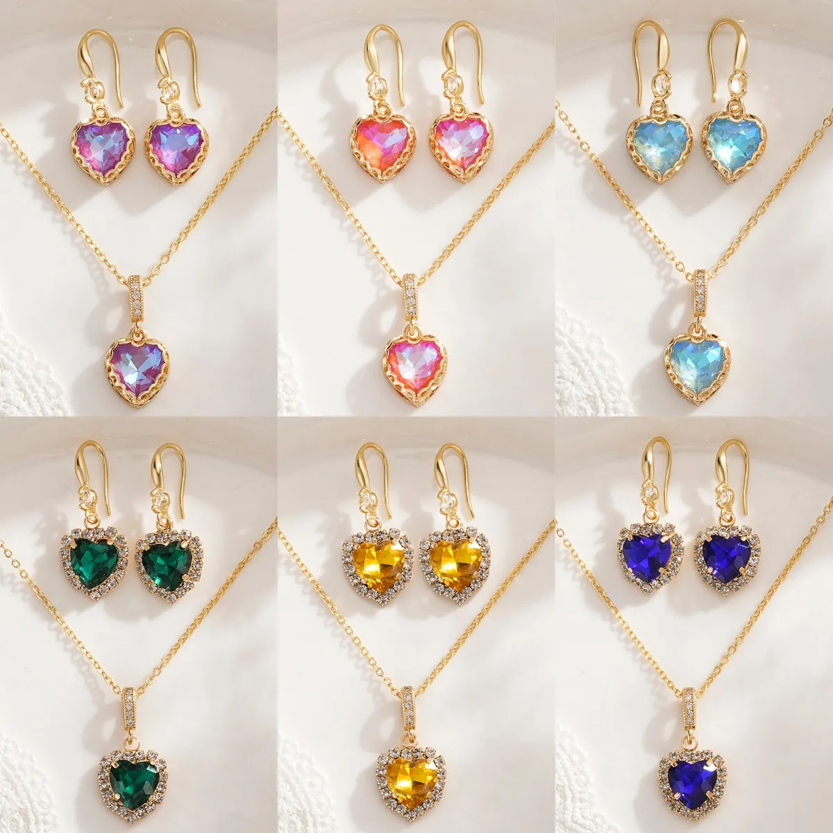Vintage Kupfer Zirkonia Herz Schmuckset Farbverlauf Pfirsich Herz Anhänger Halskette Tropfenohrringe Für Damen Valentinstag Geschenk
