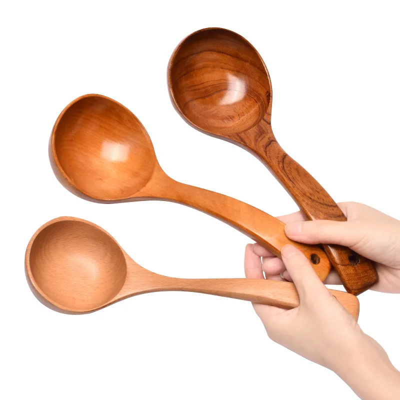 Japanese Natural Wood Long Handle Soup Spoon With Curved Handle Hanging Hole Wooden Serving Spoon For Hot Pot Porridge Hotel Kitchen