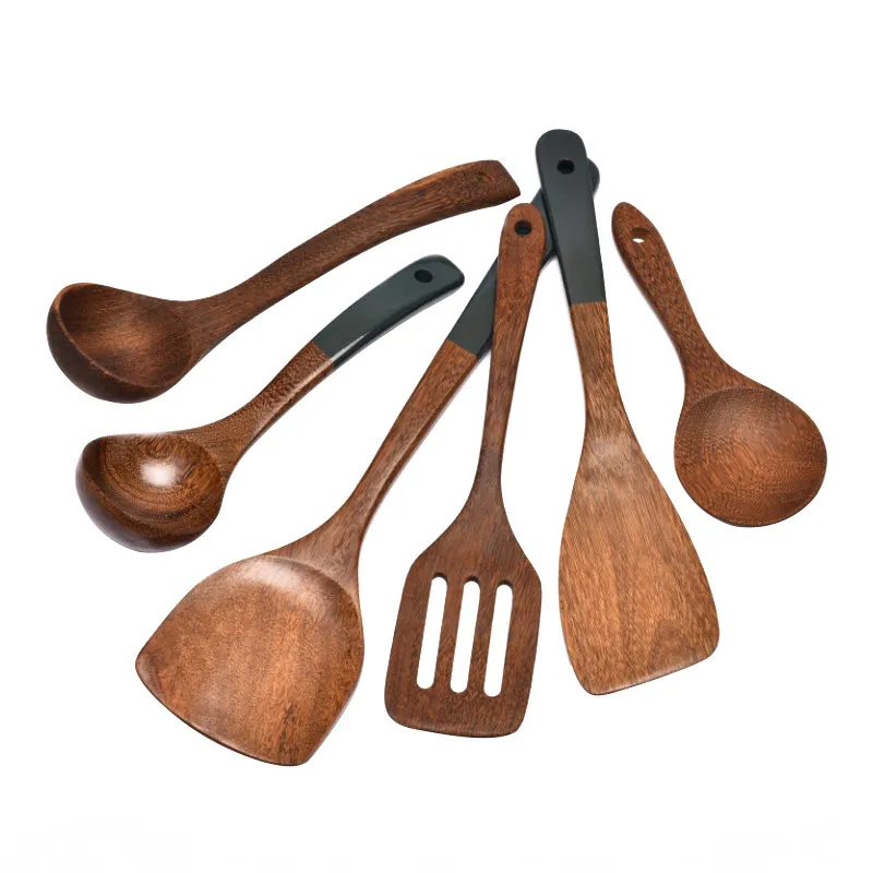 Natural Wood Cooking Spatula Spoon Set Heat Resistant Non-Stick Kitchen Utensils With Long Handle For Home Kitchen Restaurant