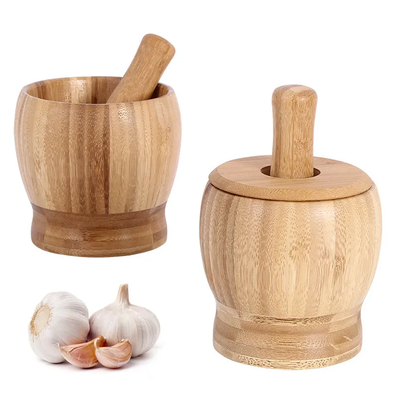 Natural Bamboo Mortar And Pestle Set For Garlic Ginger Spices Grinding Manual Food Crusher With Lid Kitchen Cooking Tools