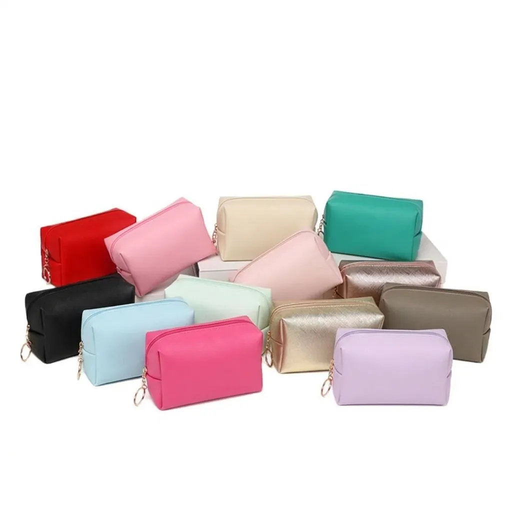 Women Fashion PU Leather Cosmetic Bag Square Waterproof Travel Wash Storage Bag Portable Hand Clutch Toiletry Pouch Organizer Solid Color Saffiano Textured Wristlet Case With Zipper Ring Pull