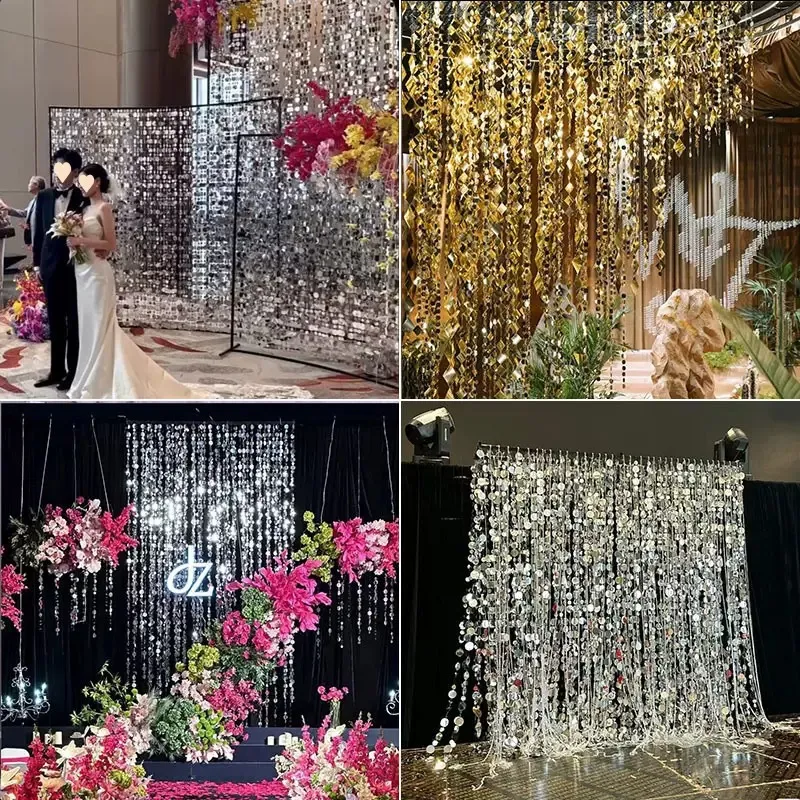 Mirror Sequin Curtain Wedding Backdrop Hanging Ceiling Decor Party Event Sparkling Round Sequins String Garland Accessory