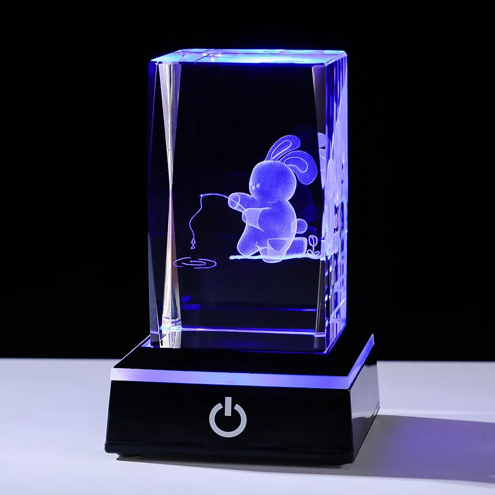 3D Laser Engraved Rabbit Crystal Cube Night Light With LED Glowing Base Colorful Color Changing Ornament Bedroom Desk Lamp Gift