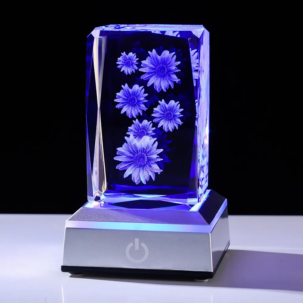 3D Laser Engraved Daisy Crystal Cube Night Light LED Color Changing Base Home Decorative Accent Ornament Creative Gift
