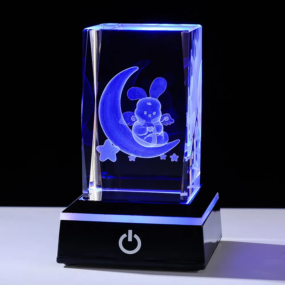 Veilleuse Cube en Cristal Gravée au Laser 3D Lapin de Lune Avec Base Tactile LED Lampe de Table Multicolore Pour Décoration de Chambre Cadeau