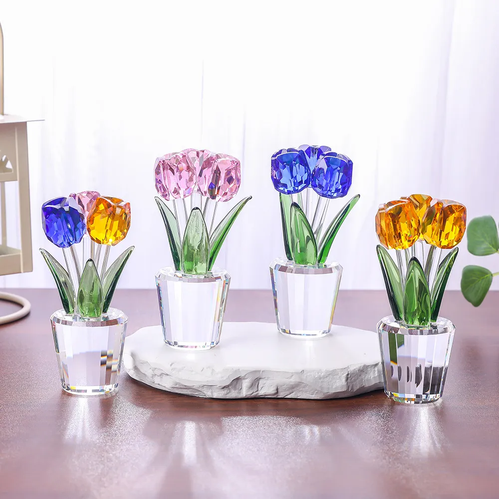 Adorno de Flor de Tulipán de Cristal Figura Floral de Vidrio Transparente Facetado Decoración Escritorio Con Caja de Regalo Moderna Hogar Oficina Sala de Estar Decoración Regalo