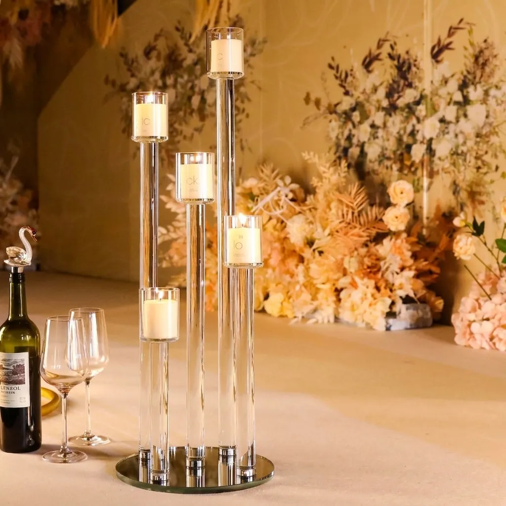 Candeliere in Vetro di Cristallo in Stile Europeo Candelabro Con Base a Specchio Multi-Testa Trasparente per Matrimonio Banchetto Decorazione Casa Regalo
