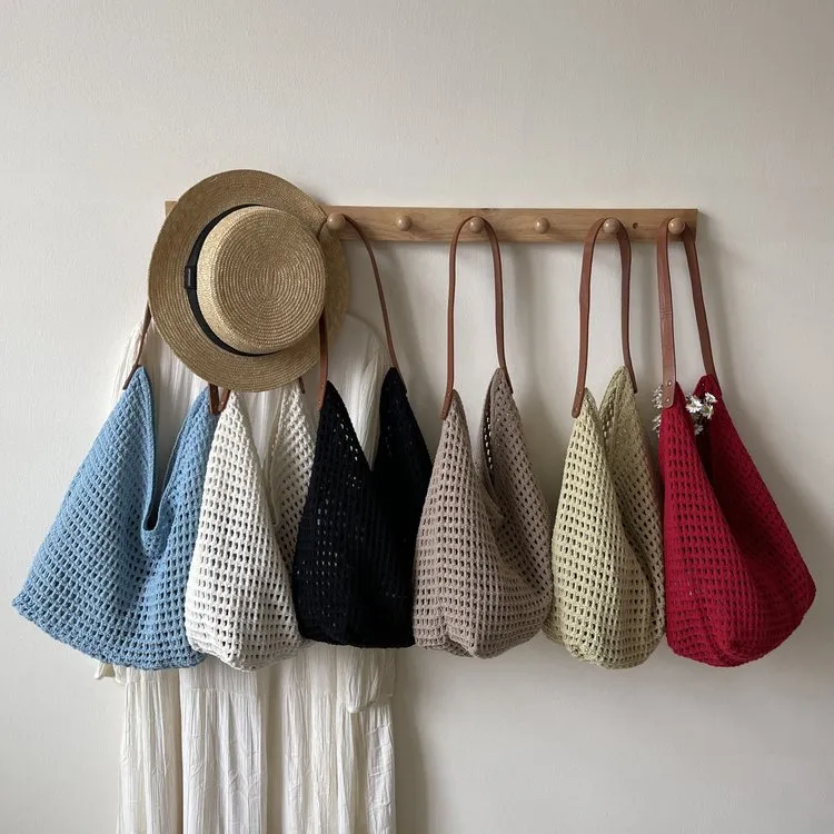 Women Hollow Out Knitted Mesh Shoulder Bag Large Capacity Woven Tote Lazy Style Summer Beach Handbag Nylon Knit Purse