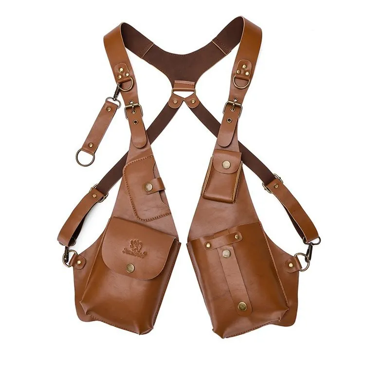 Men's Retro PU Leather Tactical Vest Chest Bag Multi-Pocket Adjustable Holster Bag For Cycling Riding Outdoor Daily