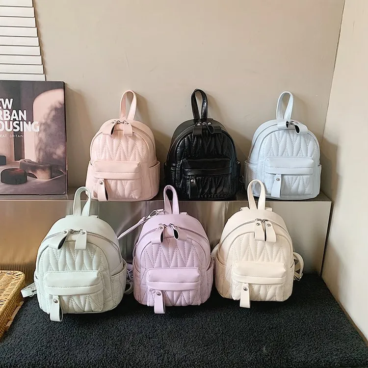 Koreaanse Stijl Minimalistische Gewatteerde PU-Leren Mini Rugzak Dames Casual Mode School Schoudertas Meerdere Kleuren