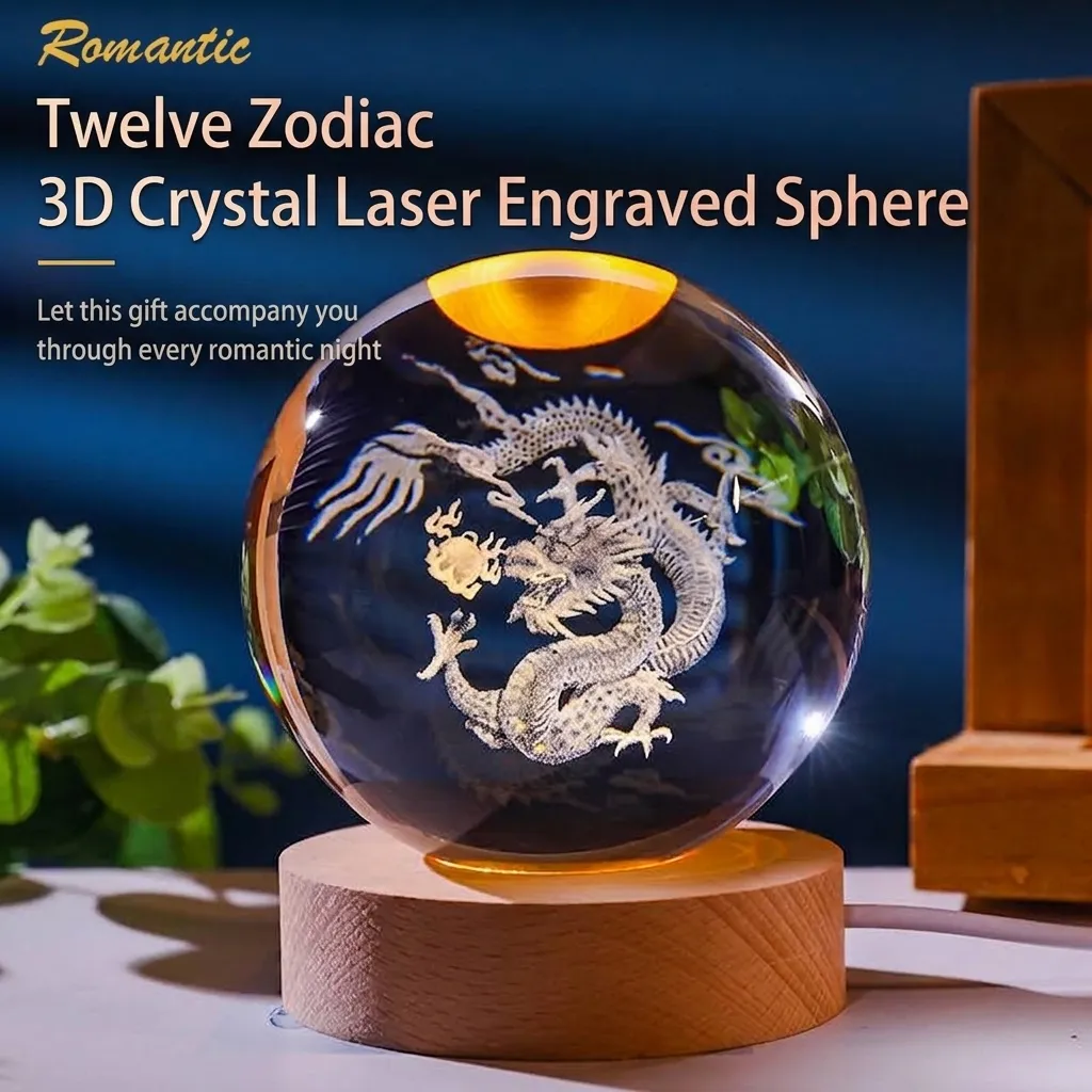 Modern Clear Crystal Ball LED Night Light With Wooden Base Laser Engraved Chinese Zodiac Pattern Decorative Ornaments Birthday Present