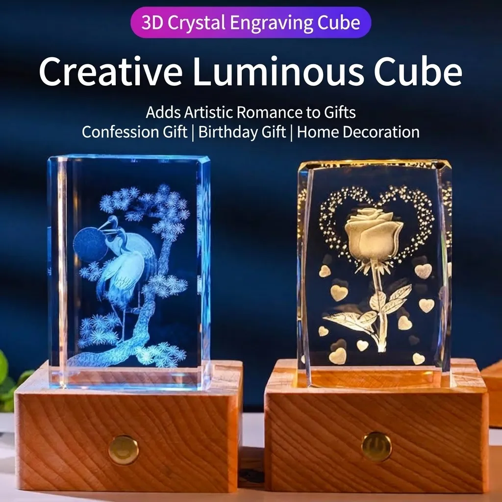 Crystal Cube Night Light Bluetooth Speaker Base Laser Inner Carving Panda Landmark LED Table Lamp Decor Rechargeable Gift