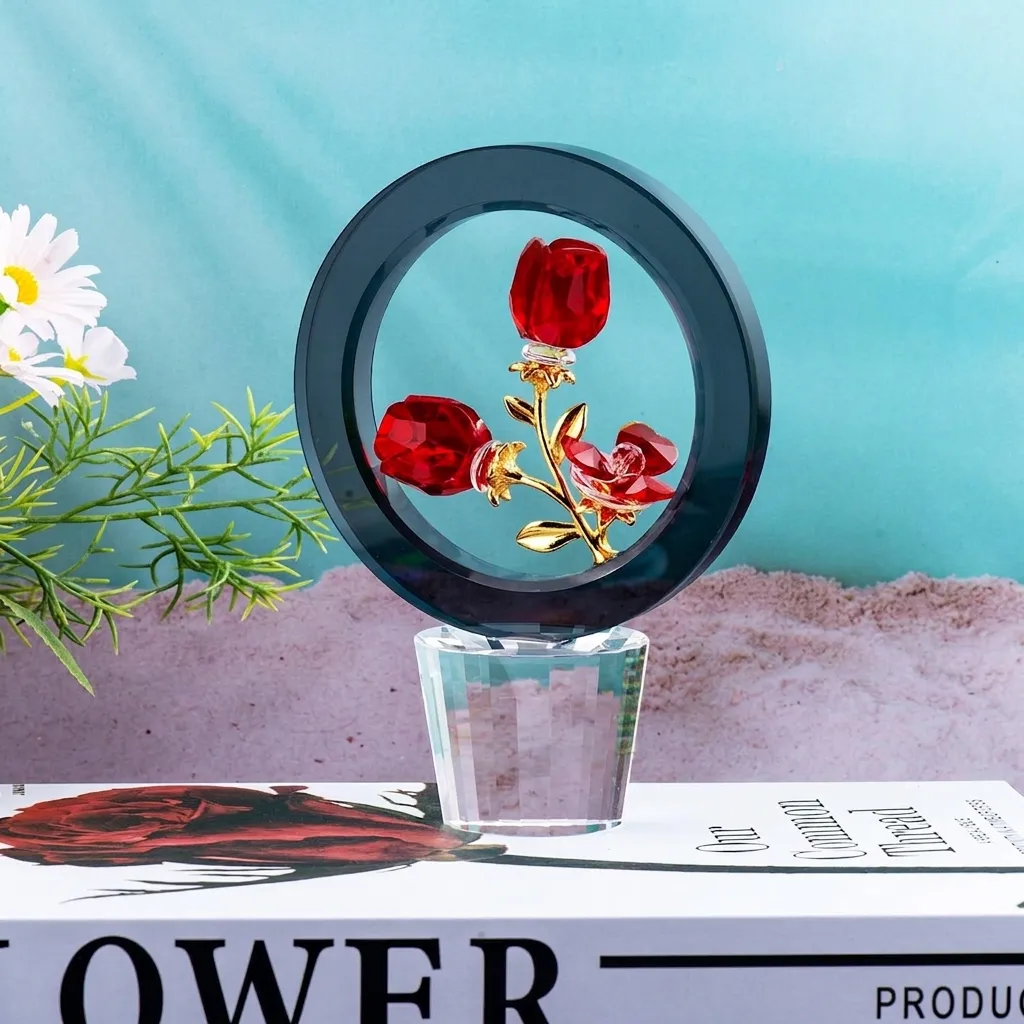 Ornement de Rose en Cristal Créatif Avec Tiges Dorées Élégante Rose Éternelle Artisanat en Verre Déco Maison Cadeau Fête Mères