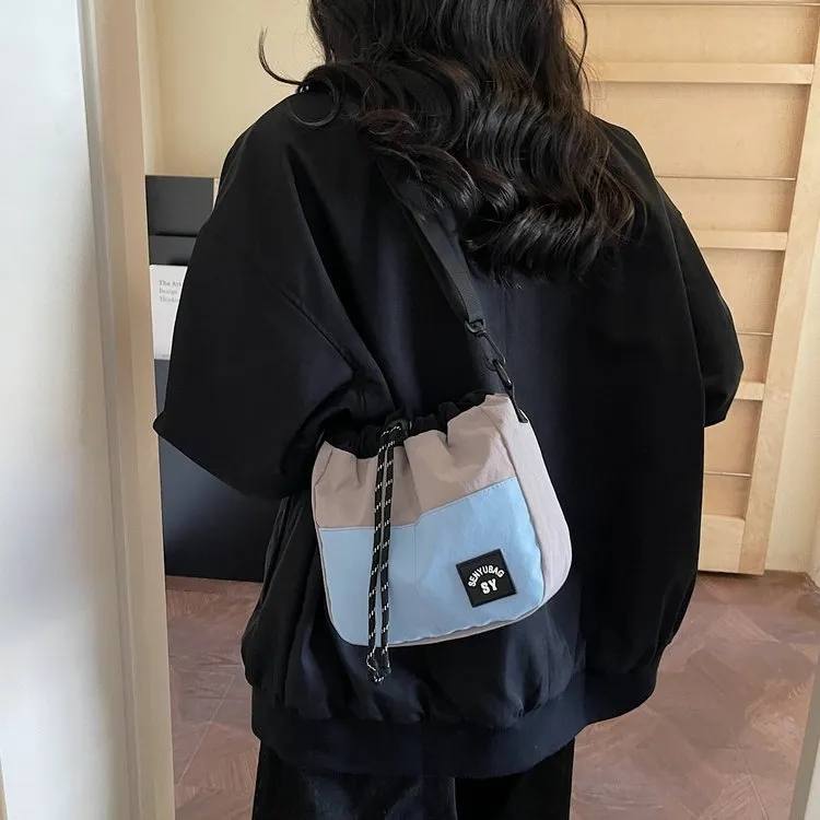 Japanse Stijl Nylon Schoudertas Mini Trekkoord Bucket Bag Dames Heren Streetwear Casual Patchwork Mobiele Telefoontas