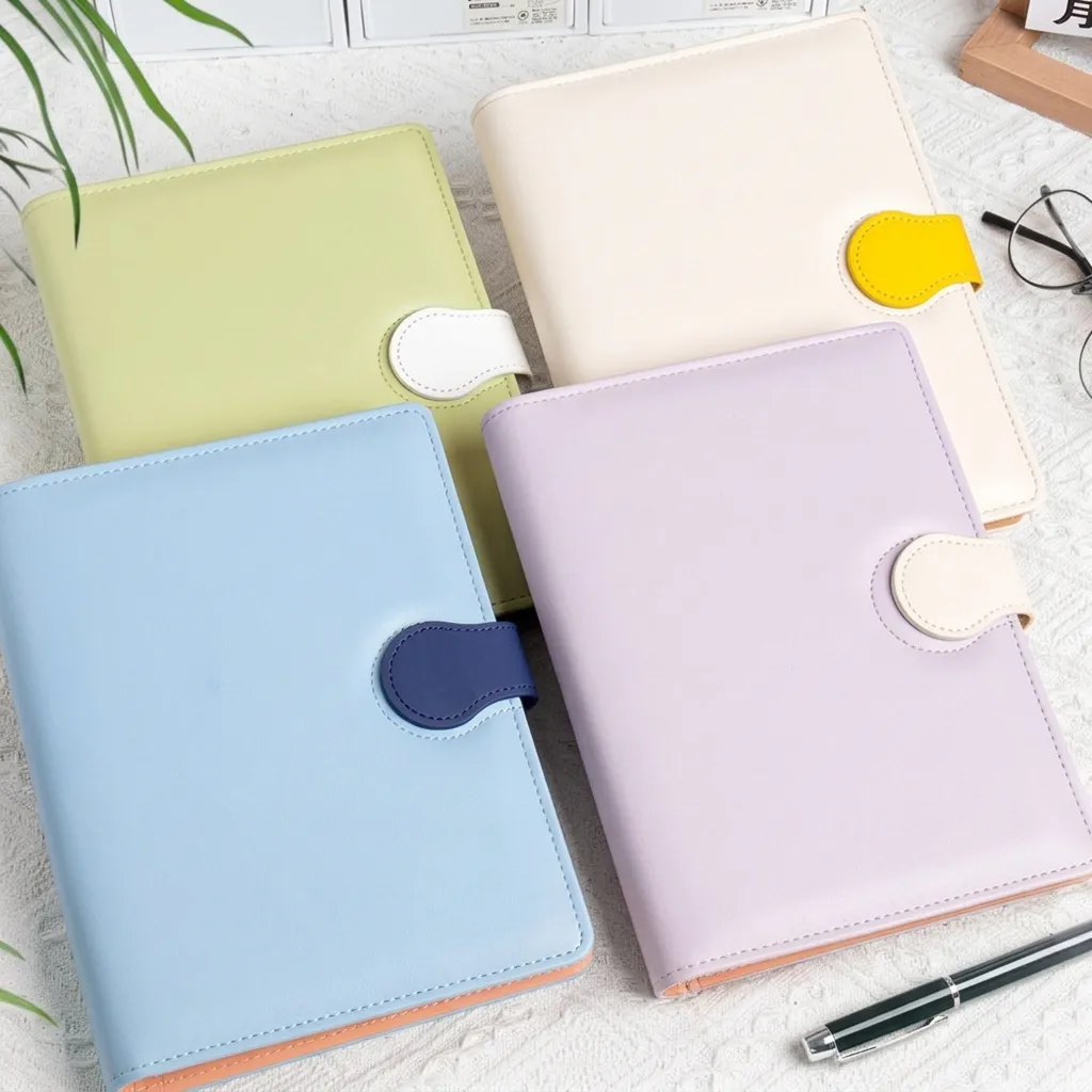 Minimalist PU Leather A5 Loose Leaf Notebook With Magnetic Buckle Macaron Color Pocket Journal For Student Office Portable Notepad Diary