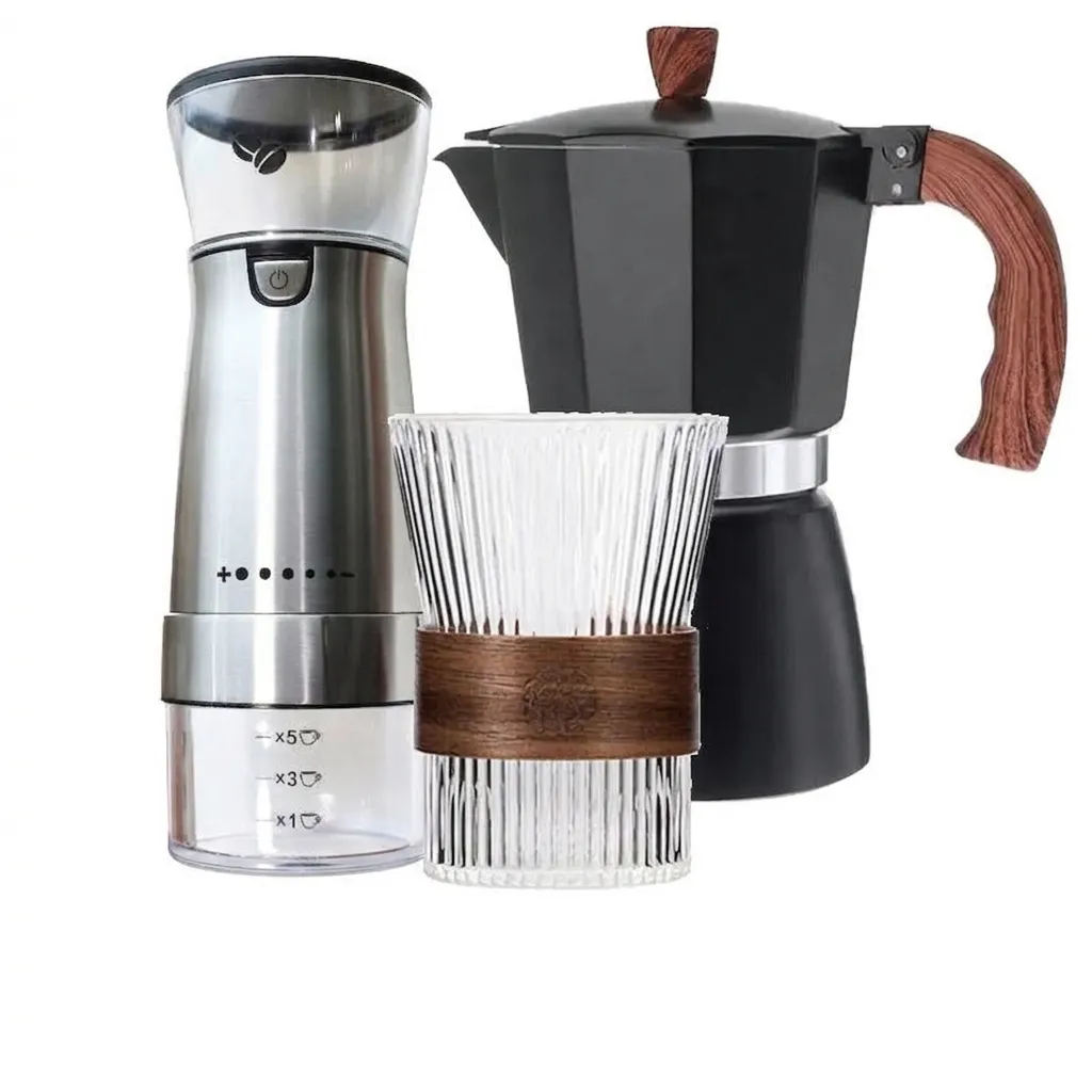 Italian Electric Coffee Grinder And Moka Pot Set With Glass Coffee Cup USB Rechargeable Espresso Maker Portable Coffeeware Set For Home Cafe