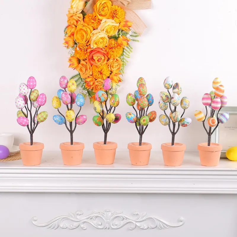 Easter Simulation Egg Potted Plant Cartoon Printed Decorative Desktop Ornament Foam Plastic Artificial Tree For Home Office