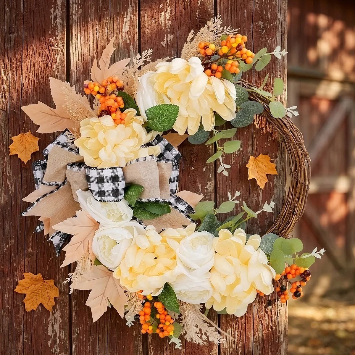 Autumn Artificial Maple Leaf Wreath Front Door Hanging Decoration With Warm Lights Fall Harvest Thanksgiving Decor