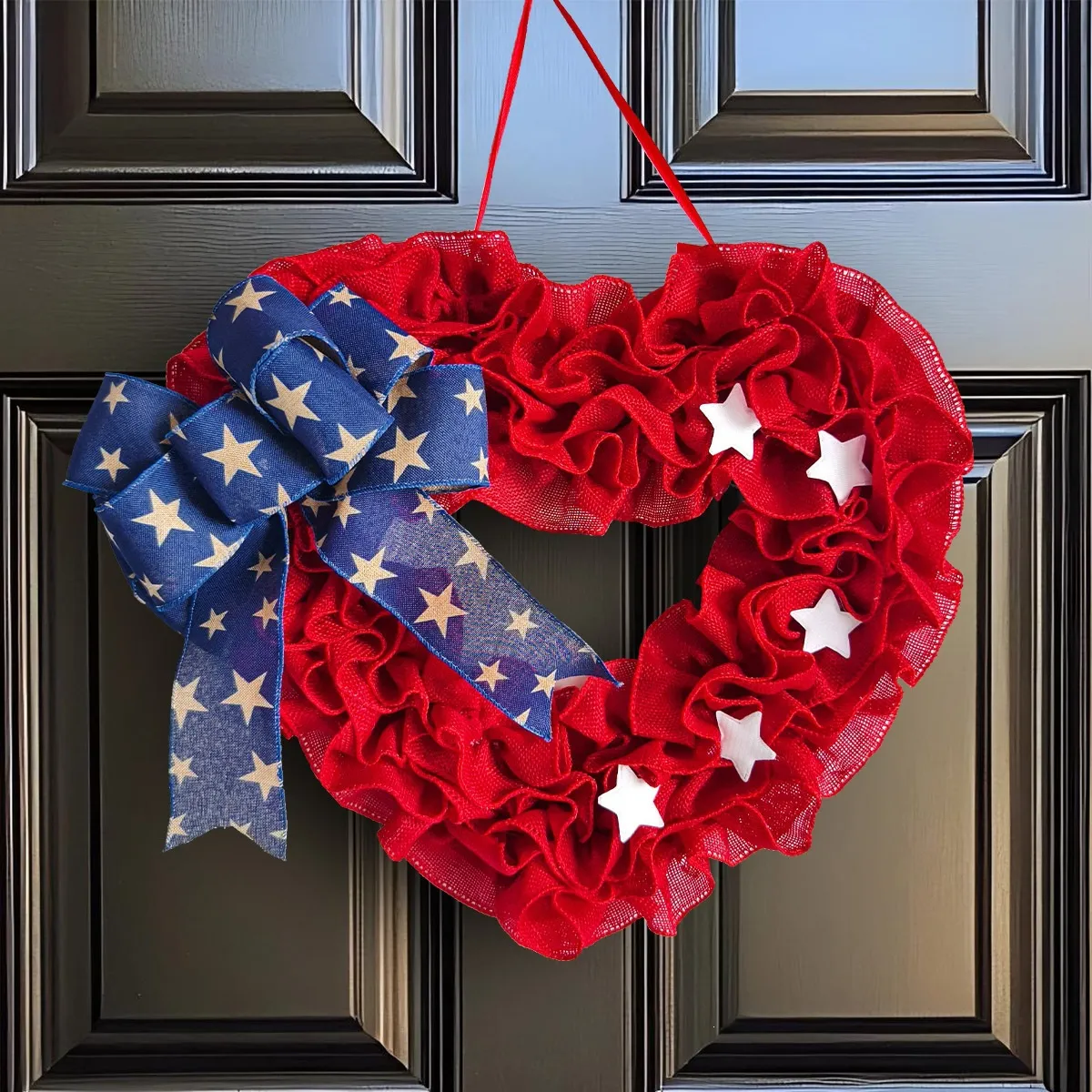 Día de la Independencia de EE. UU. Corona de Corazón con Lazo de Tela y Estrellas Decoración Colgante Roja Azul Blanca
