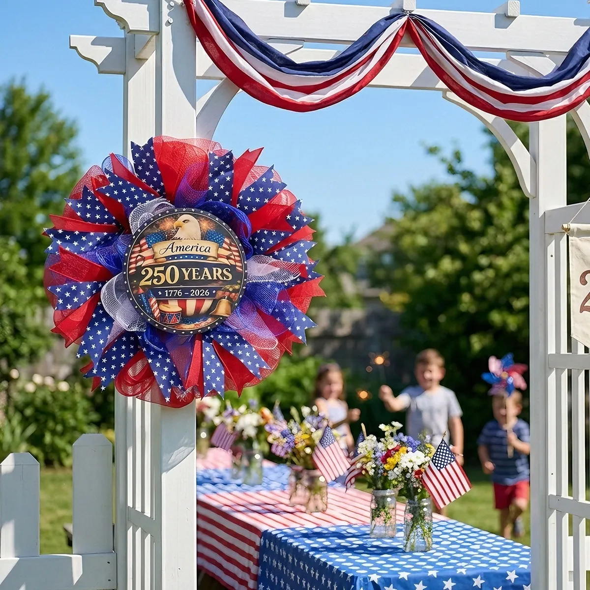 Amerikaanse Onafhankelijkheidsdag 250 Jaar Jubileum Mesh Krans Rood Wit Blauw Patriotische Zeearend Krans Voor Tuin Decoratie