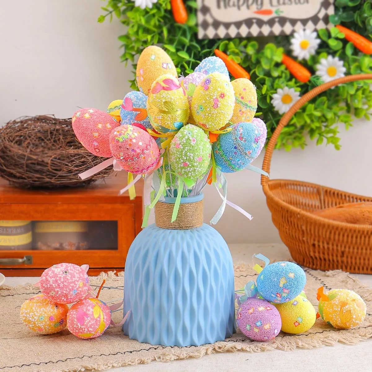 Easter Egg Stakes Foam Eggs With Floral Printed Pattern Bow Ribbons Festival Decorative Stakes For Home Party Decoration
