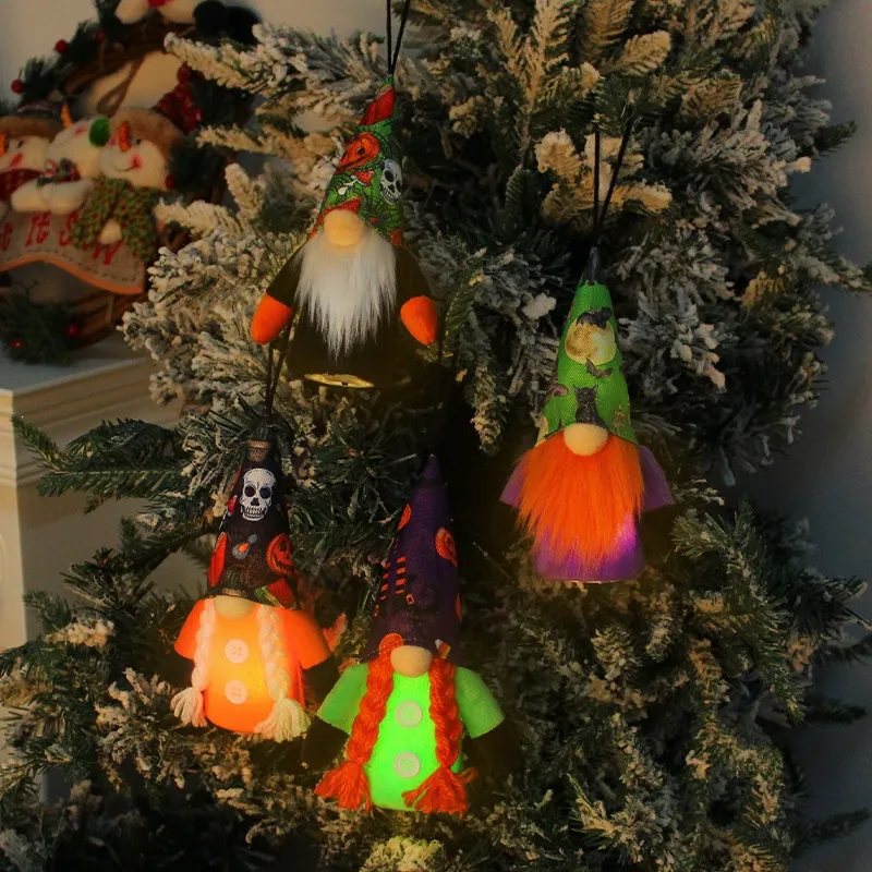 Halloween Light Up Gnome Plush Faceless Doll Hanging Ornament Pumpkin Skull Bat Print Halloween Party Home Decor Hanging Doll