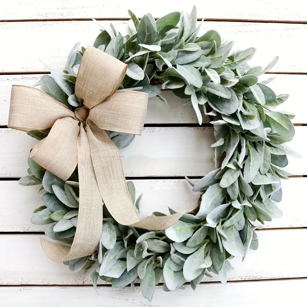 Artificial Lambs Ear Wreath With Burlap Bow Gray Green Flocked Wreath Farmhouse Decorative Wreath For Front Door Wall Decor