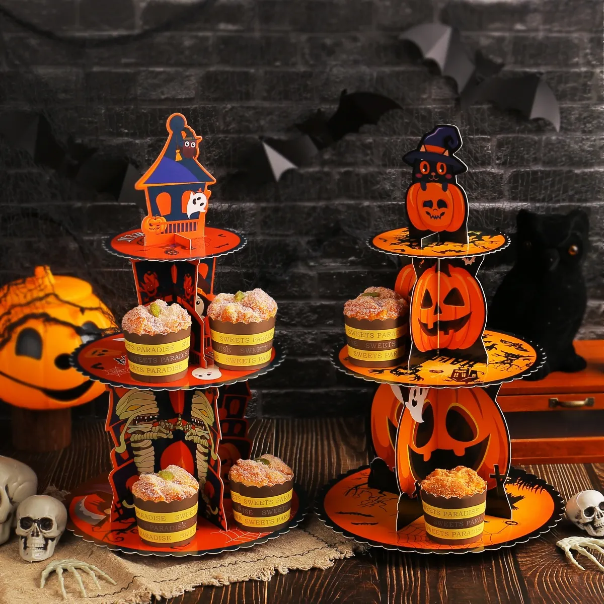 Halloween Pumpkin Haunted House 3D Paper Cupcake Stand Multi Layer Dessert Tray Christmas Santa Reindeer Party Table Decorations Paper Cake Display Stand