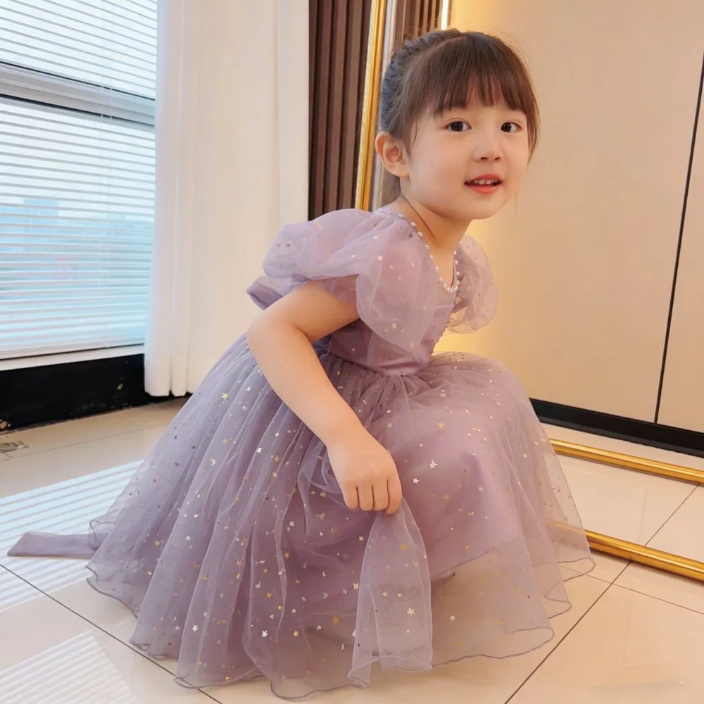 Girls Purple Princess Dress Lace Mesh Tulle Sequin Puff Sleeve Wedding Party Gown Summer Dress For Kids