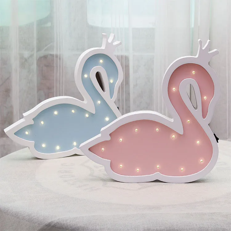 Ins Nordic Wooden Swan LED Night Light Creative Kids Room Decoration Wall Hanging Ornament Pink Purple Blue Home Decor