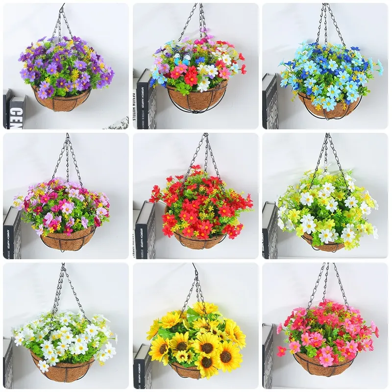 Cesto Sospeso di Fiori Artificiali Primaverili Decorazione Margherita Girasole Cesto in Ferro Seta Con Fodera in Cocco