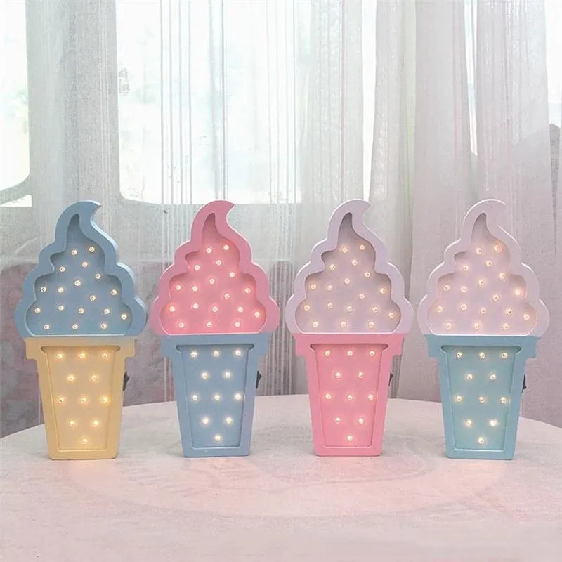 Wooden Ice Cream LED Night Light Cartoon Desktop Decorative Lamp For Bedroom Children Room Kids Atmosphere Lighting