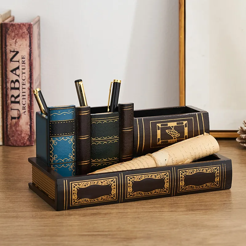 Porte-stylo en Forme de Faux Livre Vintage Européen Organisateur de Bureau Multifonctionnel Boîte de Rangement en Bois Décoration de Table Rétro pour Maison Bureau Artisanat Peint Cadeau