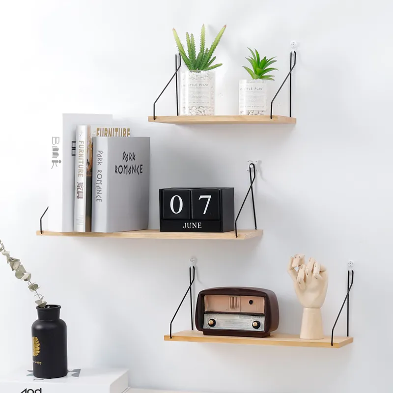Modern Wood Floating Wall Shelves With Metal Brackets For Storage Home Decor Living Room Office Flower Shop Hanging Rack