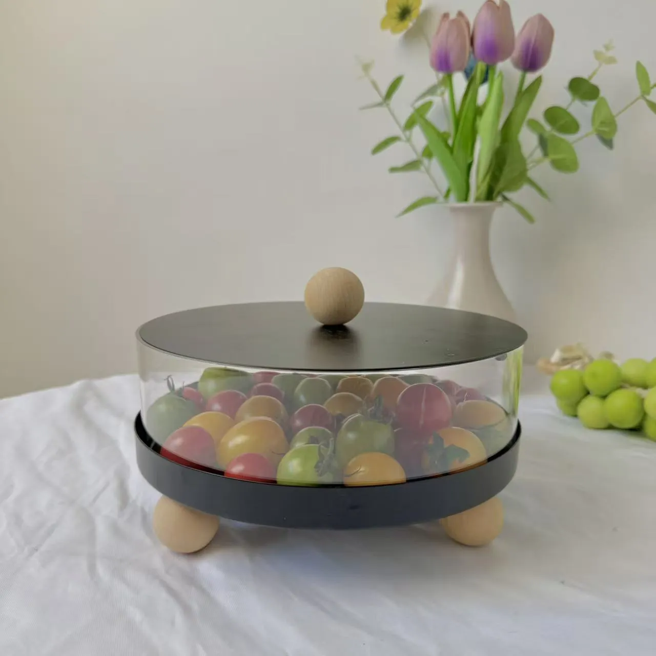 Plato de Frutas Redondo Moderno Minimalista Con Tapa Metal Lacado Acrílico Frutero Bandeja de Almacenamiento Mango de Madera Decoración de Salón