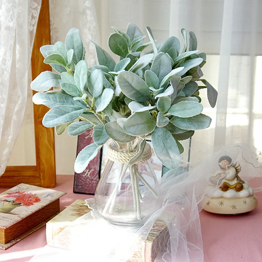 Artificial Flocked Rabbit Ear Leaves Single Stem Faux Dusty Miller Foliage For Wedding Flower Arrangement Home Table Decor