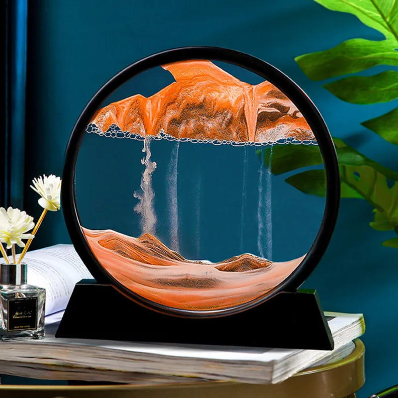 Imagen Artística de Arena en Movimiento Vidrio Redondo 3D Paisaje Marino en Movimiento Marco de Arena Fluida Ornamento de Paisaje Dinámico Decoración de Oficina en Casa Regalos