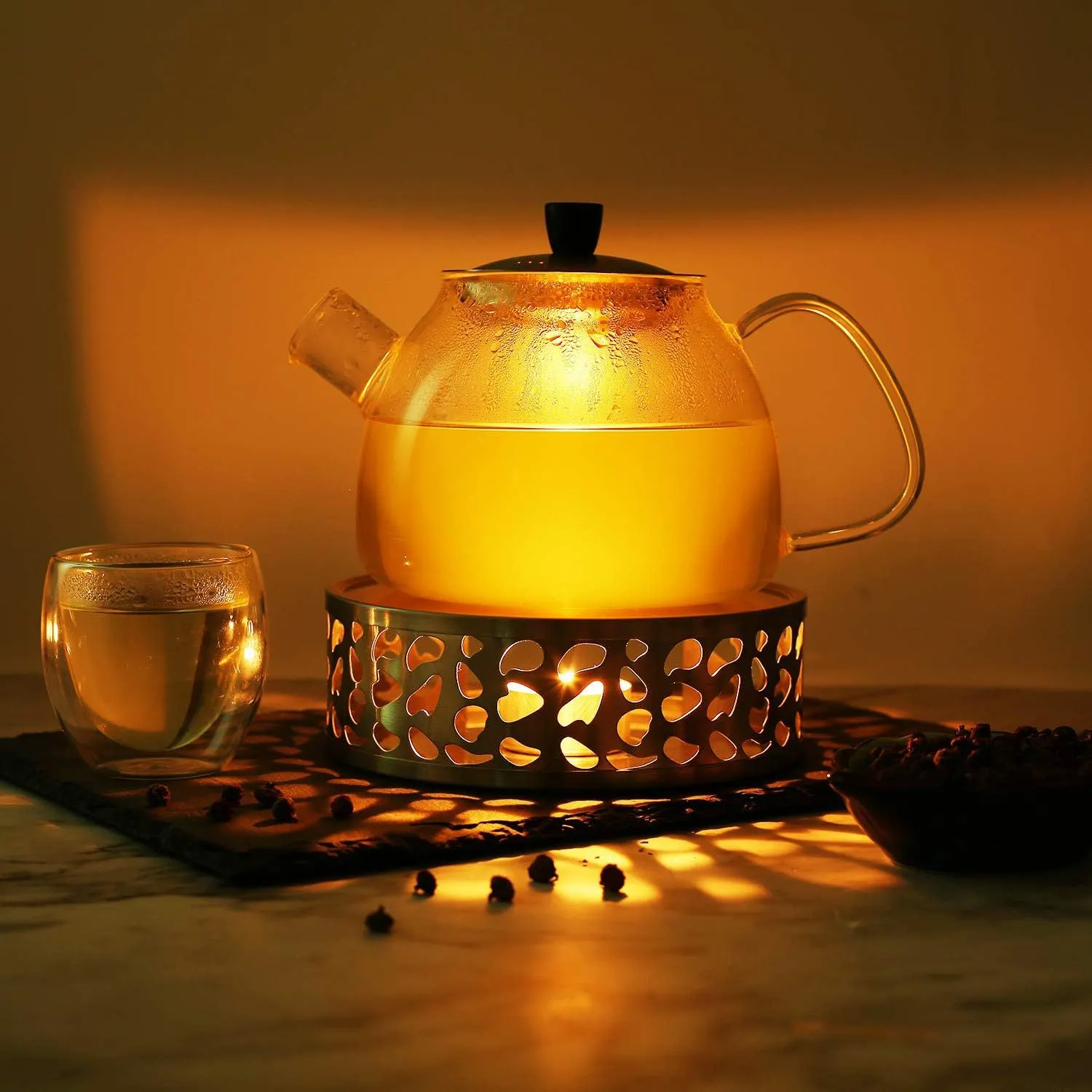Stainless Steel Tea Warmer Teapot Heater Base With Candle Holder Hollow Pattern For Home Office Outdoor Tea Insulation Stand