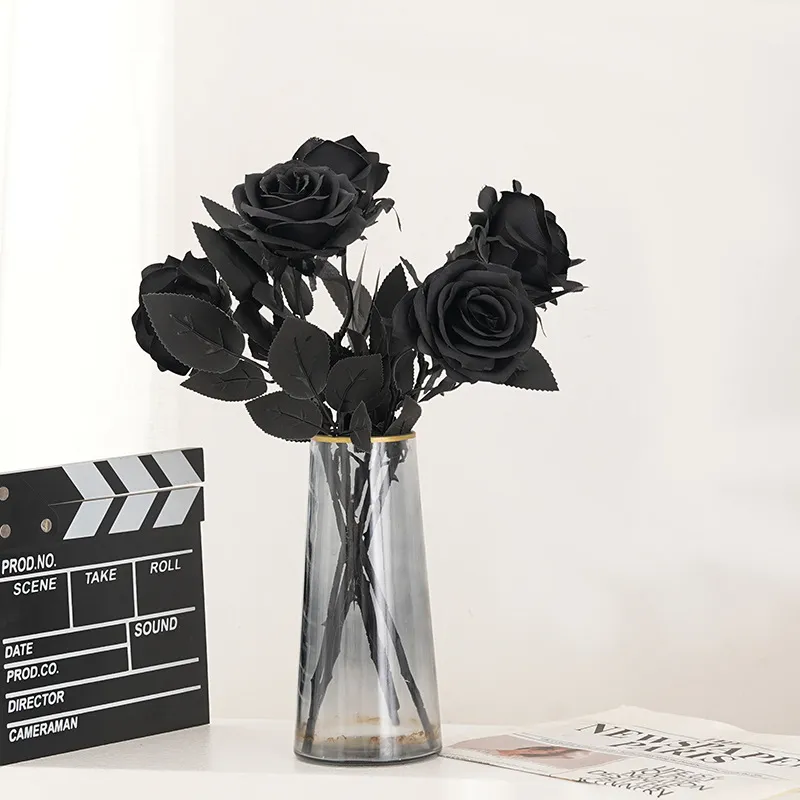 Gotico Scuro Halloween Simulazione Fiore Nero Artificiale Singolo Ramoscello Fiore in Tessuto Arredamento per la Casa Oggetto di Scena per Fotografia