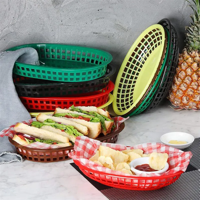 Creative Oval Plastic Fast Food Basket Hollow Mesh Tray For Fries Burgers Bread Restaurant Home Tabletop Storage Organizer