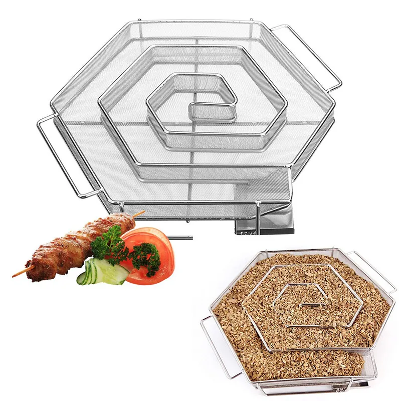Stainless Steel Cold Smoke Generator Hexagonal Smoker Box For BBQ Meat Fish Smoking Outdoor Camping Barbecue Tools Accessories