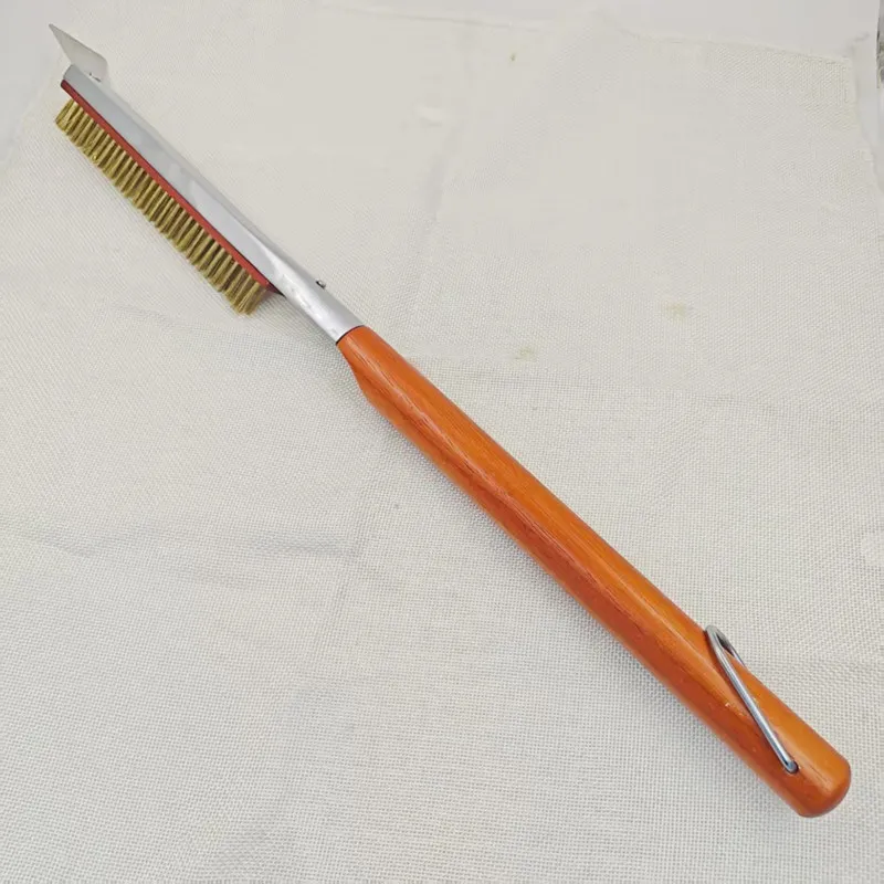 Professional Pizza Oven Stone Cleaning Brush With Long Wood Handle Stainless Steel Scraper Copper Steel Wire BBQ Grill Cleaner